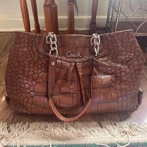 Coach Brown Croc-Embossed Leather Tote with Silver Hardware
